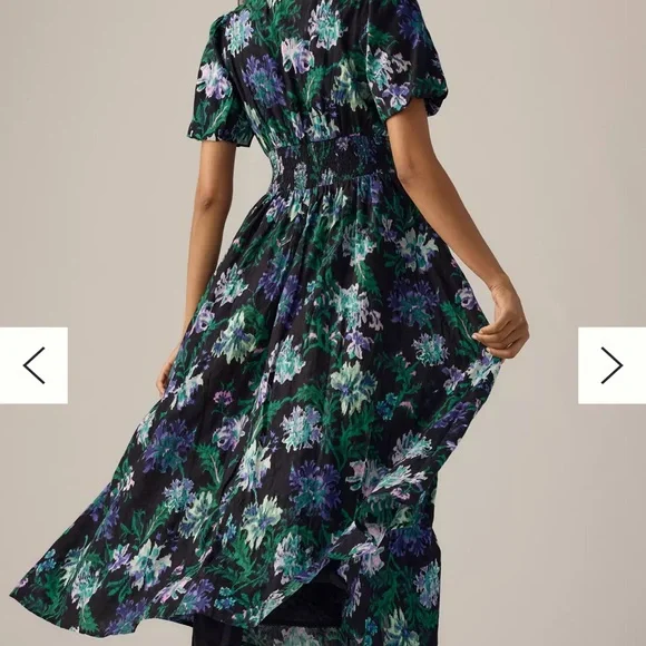 Anthropologie THE KATERINA BUTTON-FRONT DRESS - Black, Green, and Purple Floral - Picture 3 of 8